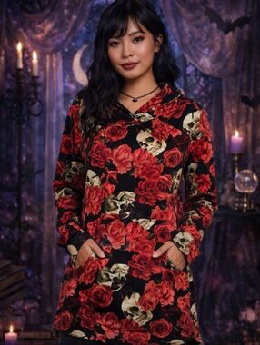 LuLaRoe Amber Hoodie Top M NWT Skull Rose Print Gothic Floral Tunic